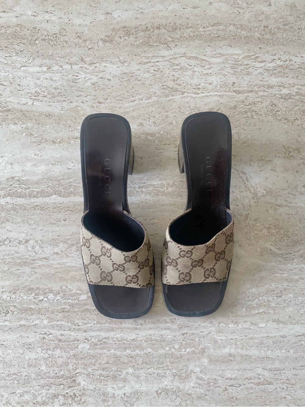 Vintage Gucci GG Canvas Mule Block Heel Sandals